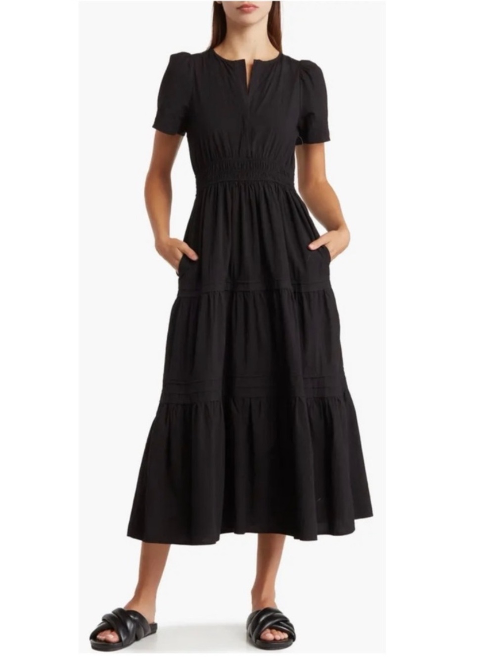 Nordstrom Stitchdrop Tiered Black Cotton Maxi Dress